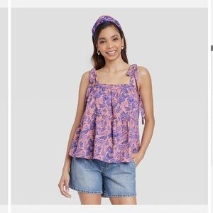 Women's Tie-Strap Tiered Tank Top - Universal Thread - Pink Floral Size small